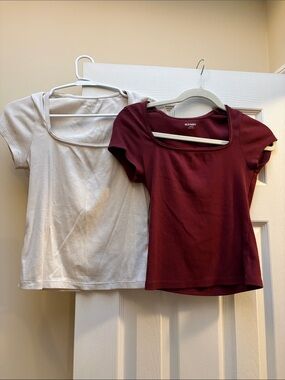 Old Navy Scoop Neck Tees - Maroon White Set PS micro ribbed like new 2025